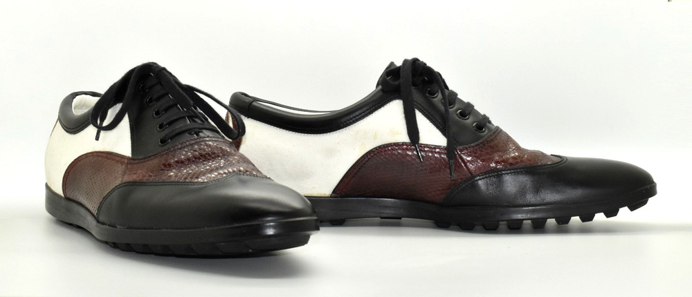 D5 Auth GUCCI Black Burgundy White Snakeskin & Canvas Double G Oxfords Size 11 D